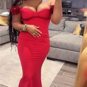 Fashion Nova Red Off-Shoulder Maxi Dress with Floral Sleeves